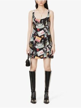 Reformation Noha Black Mini Dress with Multi-Color Postcard Print